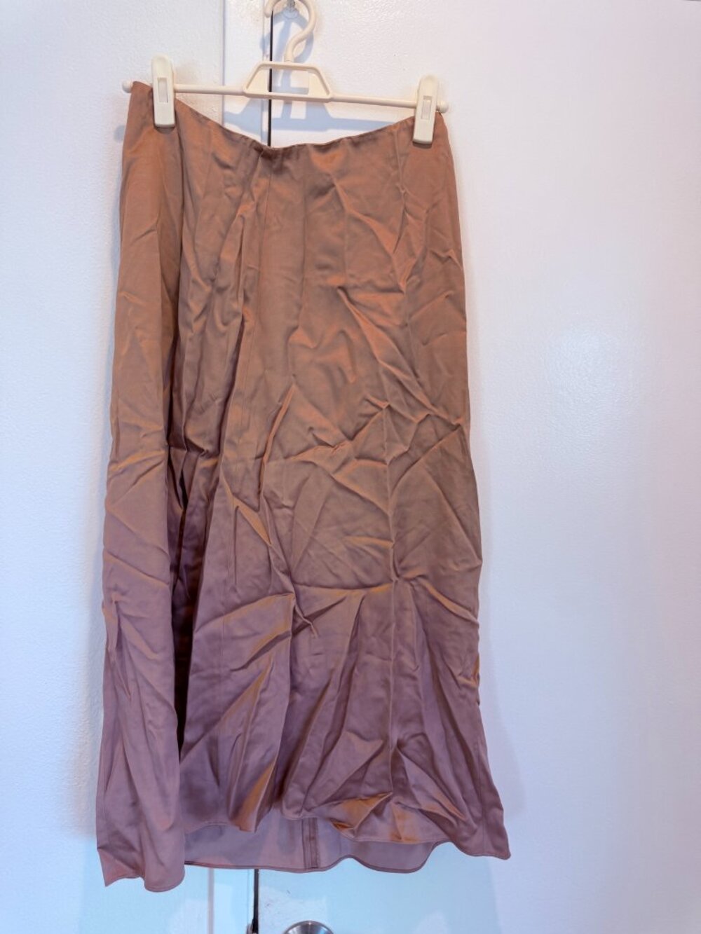 Vince Satin A-Line Midi Skirt in Caramel Brown — Size 0